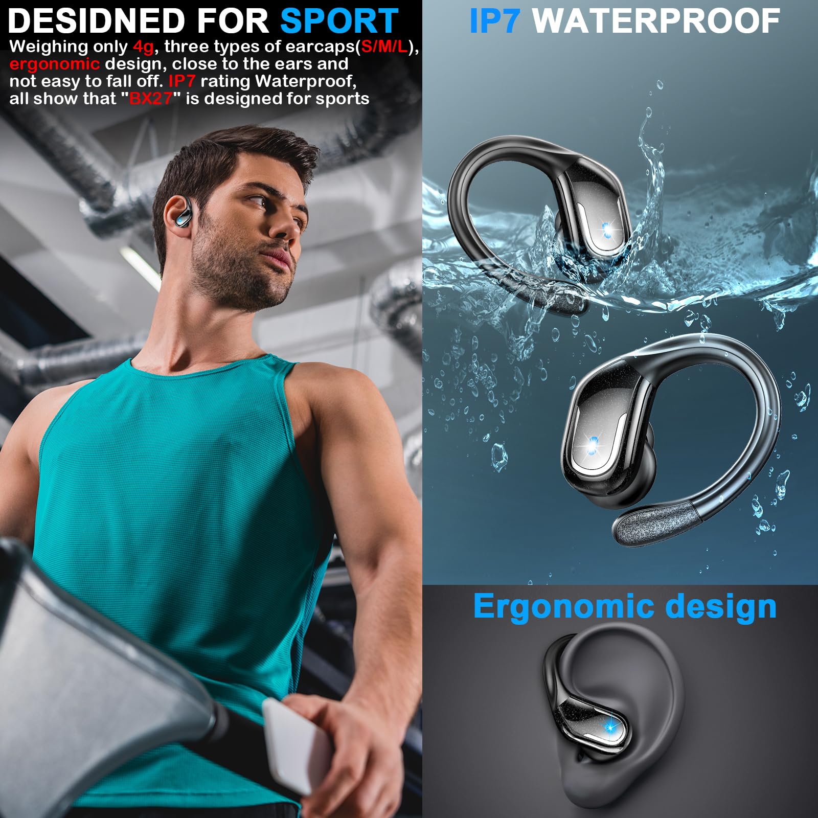 Ltinist earbuds in ear while running highlighting sweat-resistant design