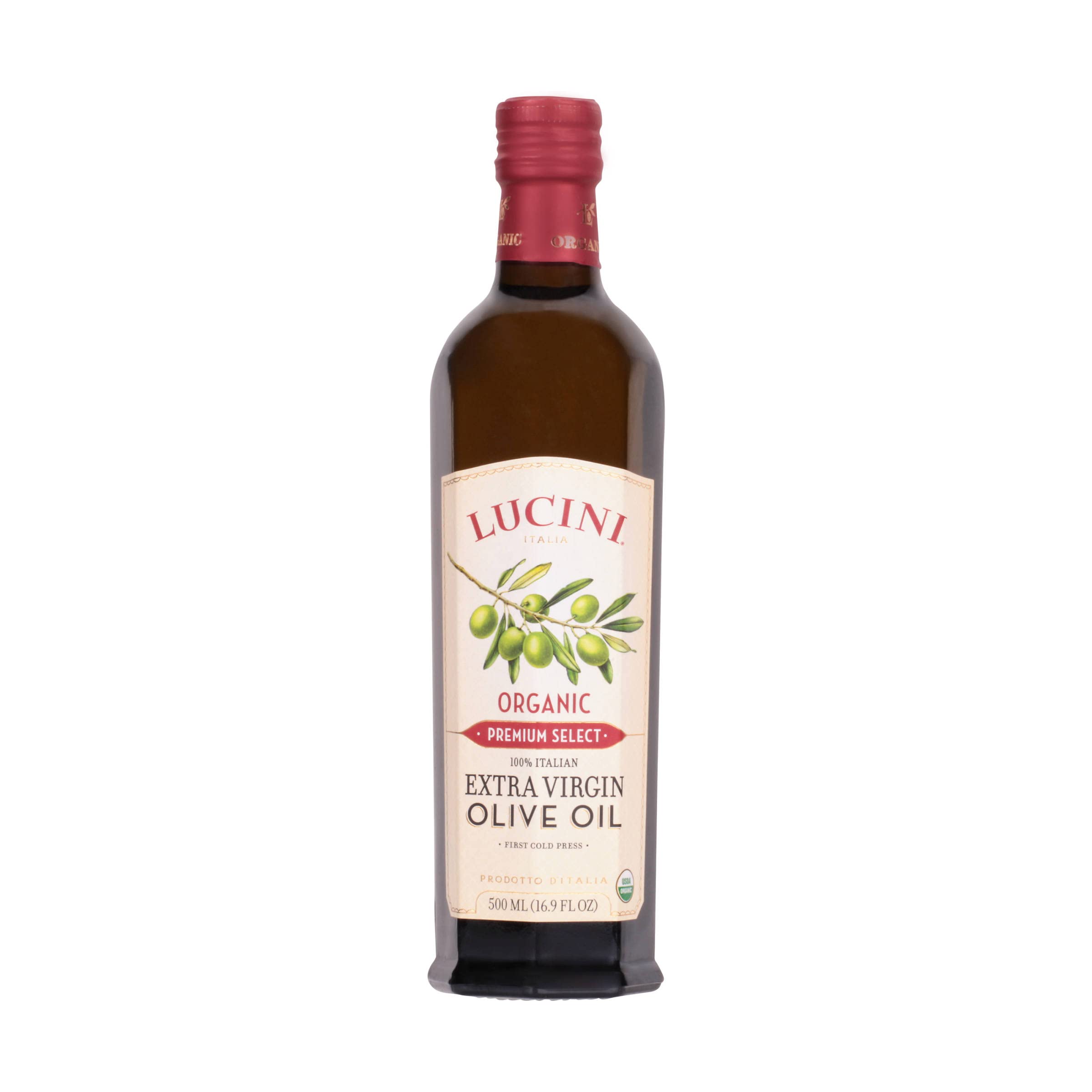 Lucini bottle front label showing premium organic branding and origin benefits