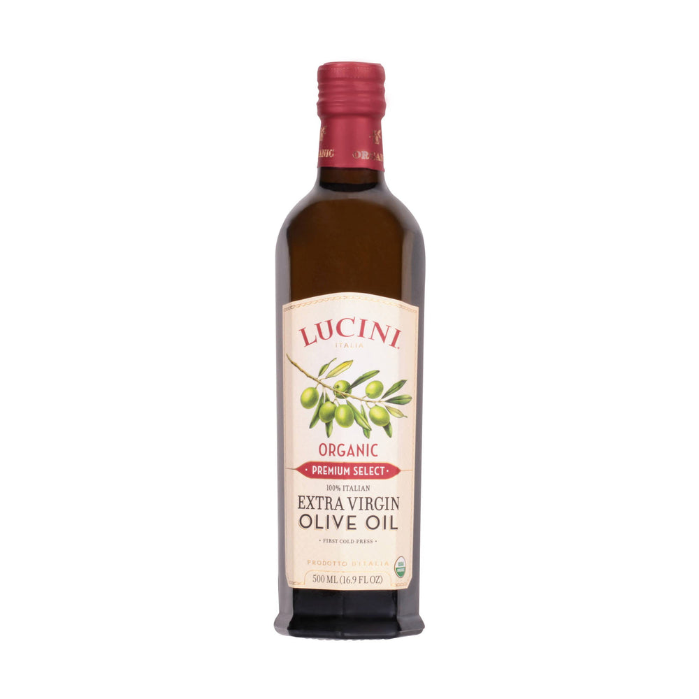 Lucini bottle front label showing premium organic branding and origin benefits