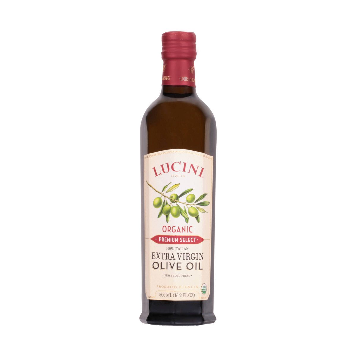 Lucini bottle front label showing premium organic branding and origin benefits