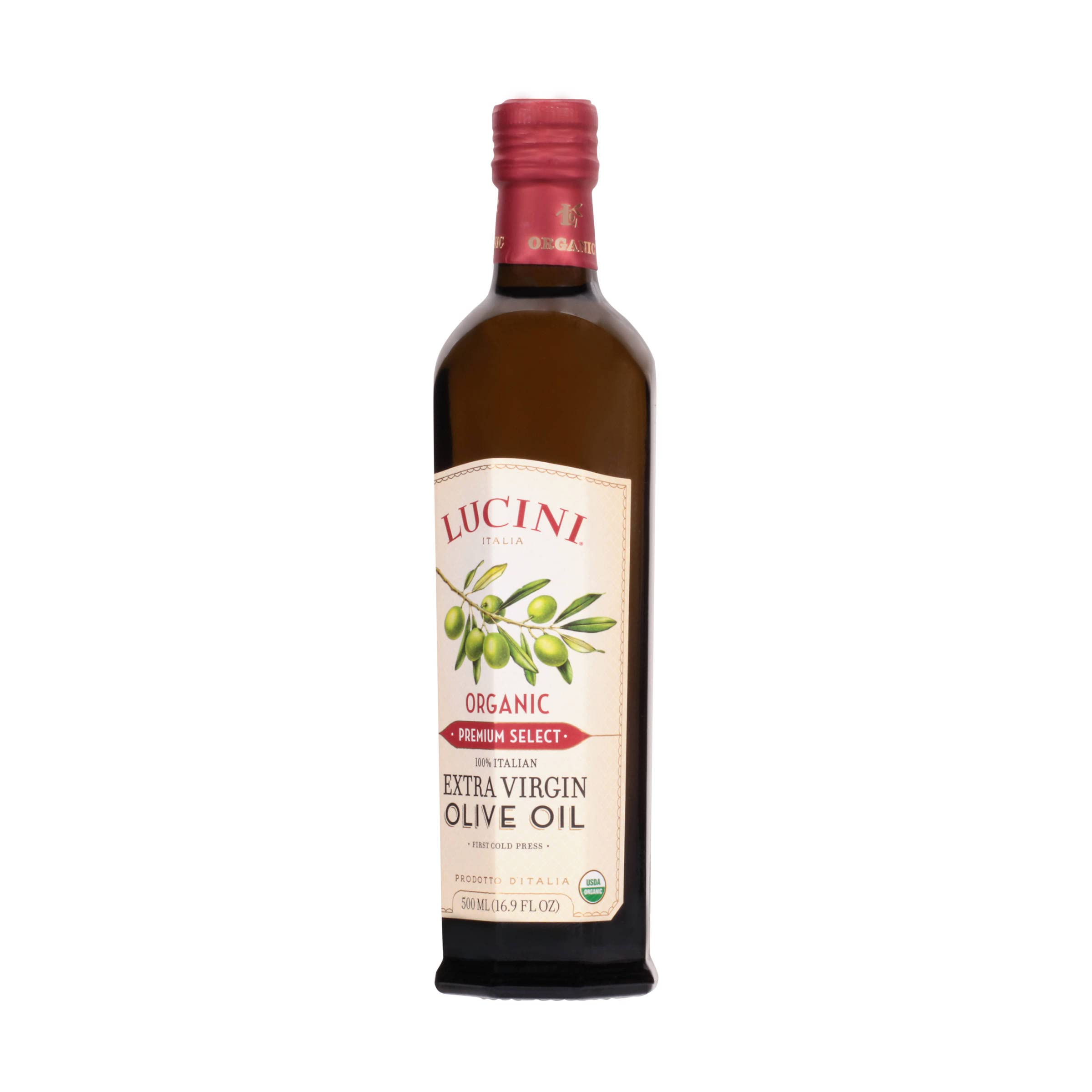 Lucini 500 mL bottle beside a measuring cup for size and serving convenience