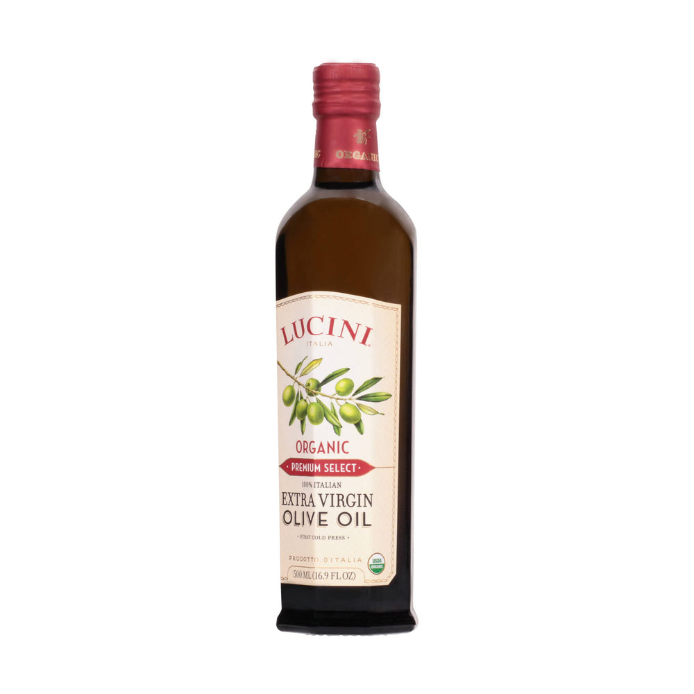Lucini 500 mL bottle beside a measuring cup for size and serving convenience
