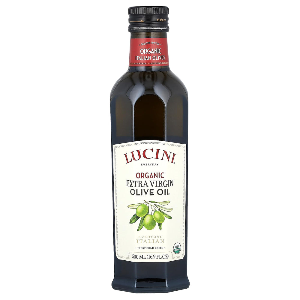 Lucini bottle front label showing organic extra virgin olive oil and packaging benefit