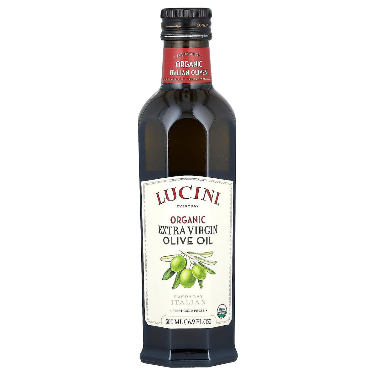 Lucini bottle front label showing organic extra virgin olive oil and packaging benefit