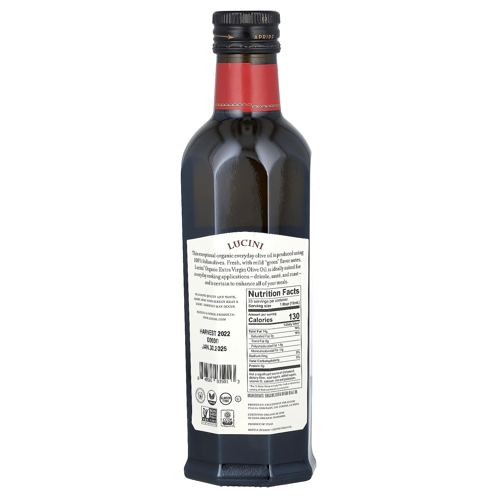 Lucini oil pouring from bottle close-up highlighting smooth texture and fresh flavor benefit