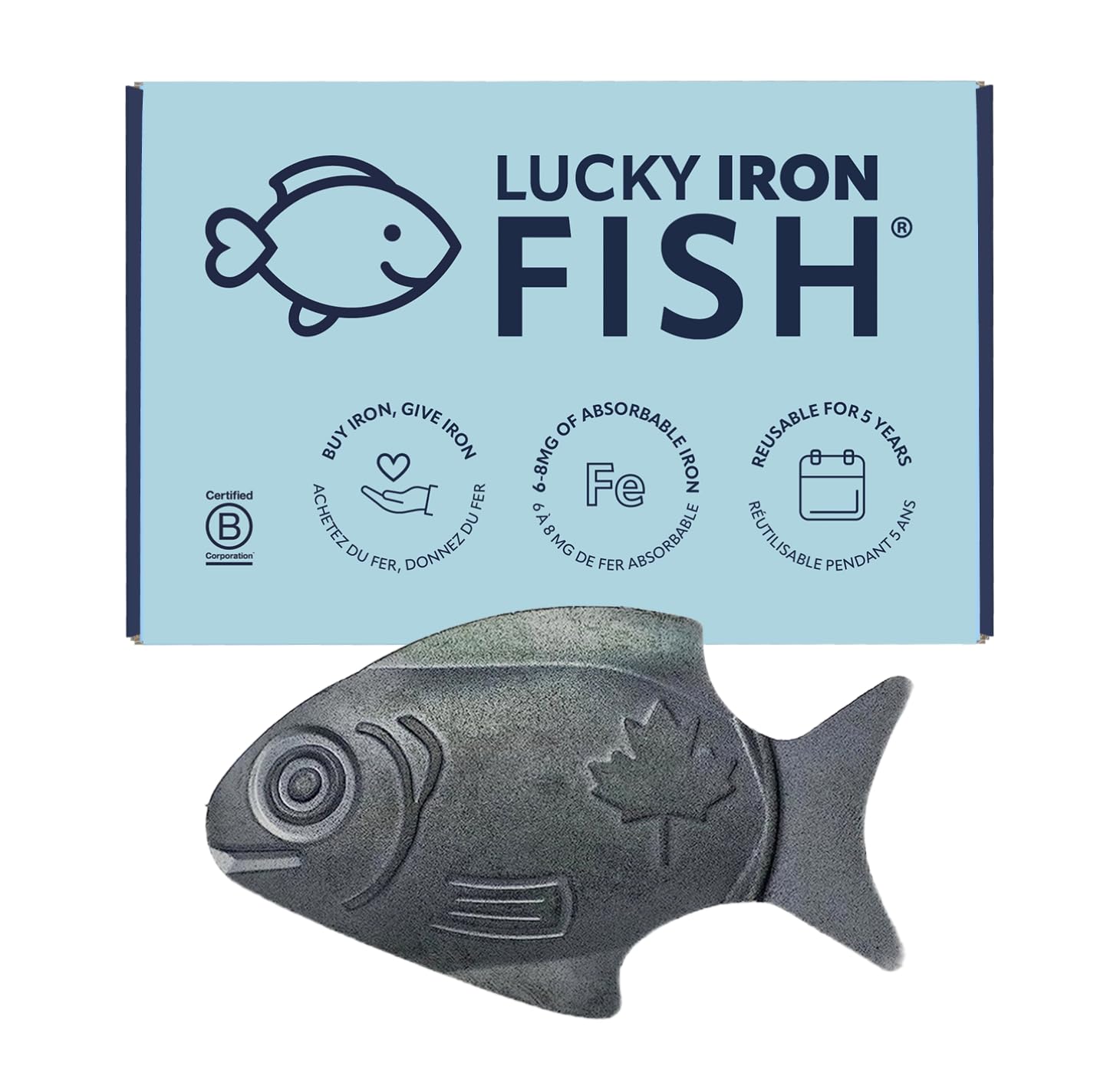 Lucky Iron Fish front view showing product and brand benefit of gentle iron release