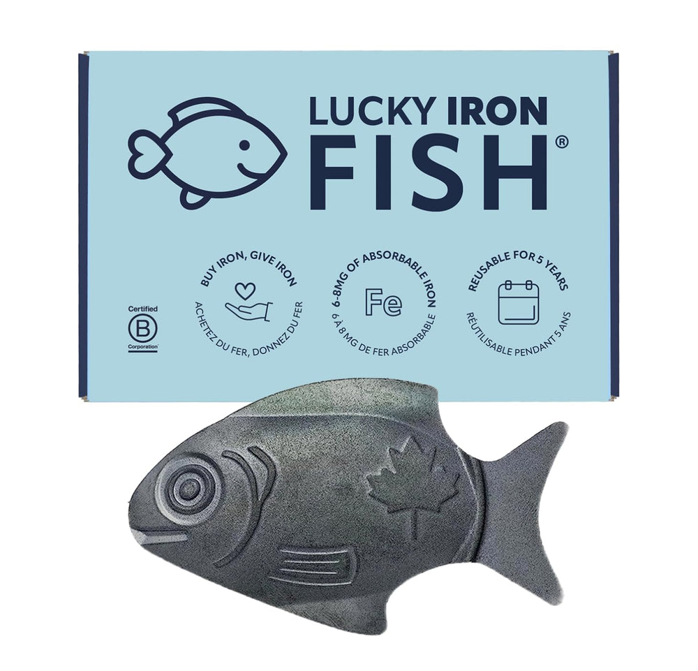 Lucky Iron Fish front view showing product and brand benefit of gentle iron release
