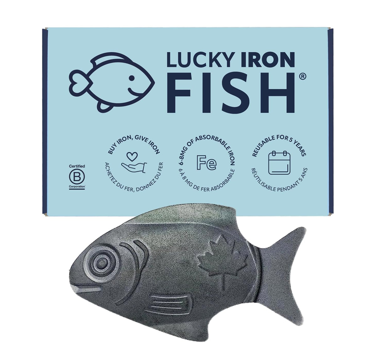 Lucky Iron Fish front view showing product and brand benefit of gentle iron release