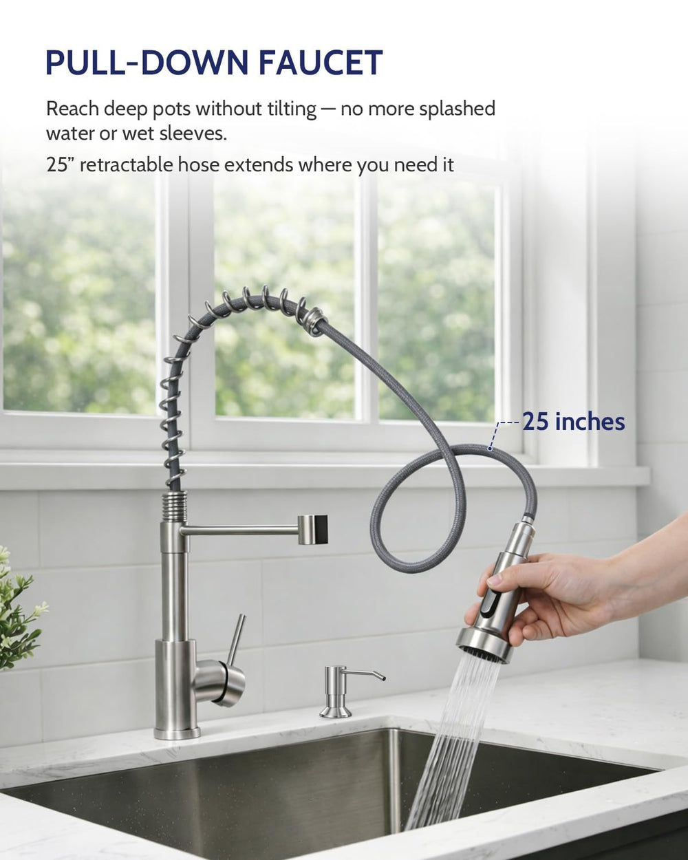 LUFEIDRA pull-down head extended to reach back corners and fill pots