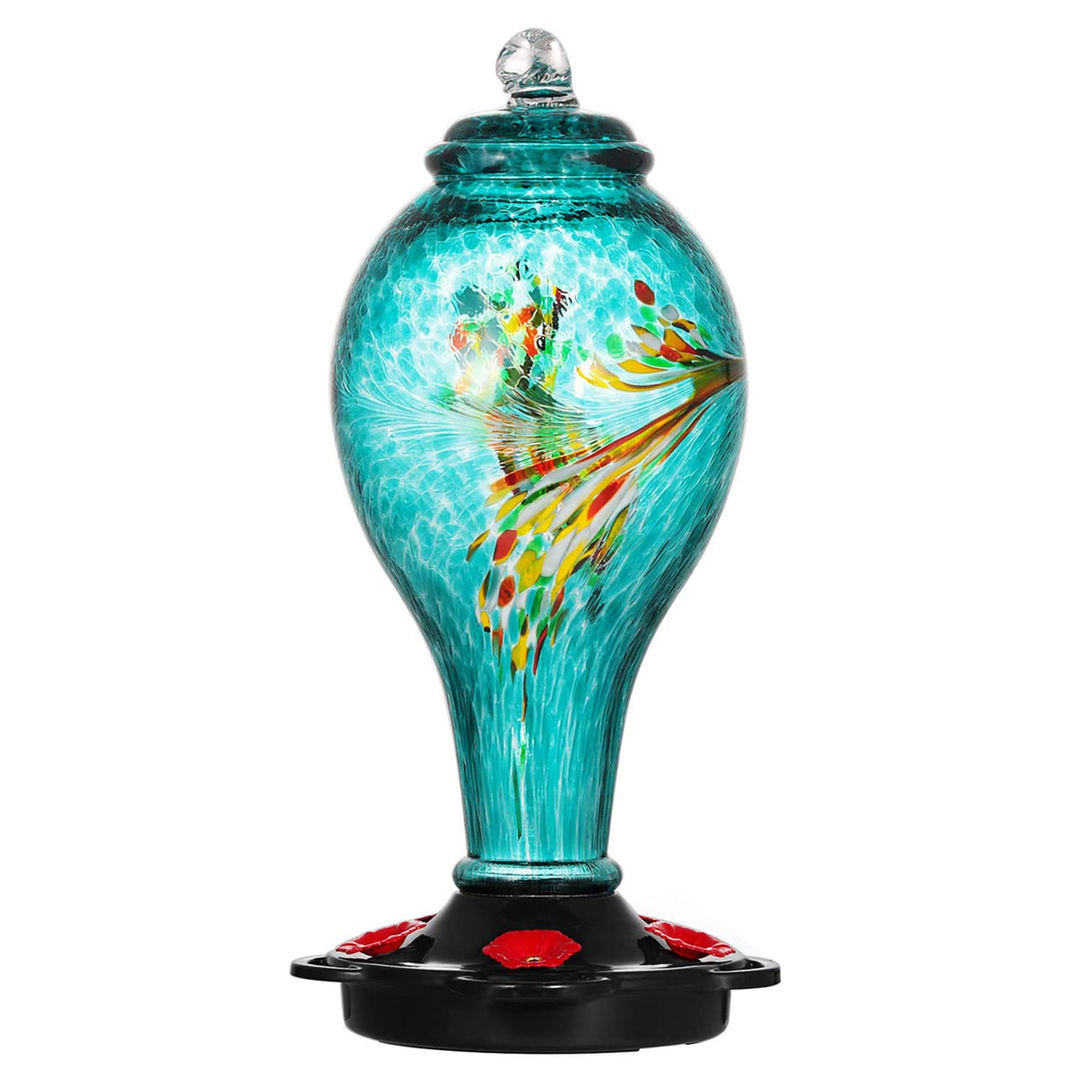 LUJII front view blue glass feeder showing vibrant color and capacity benefit