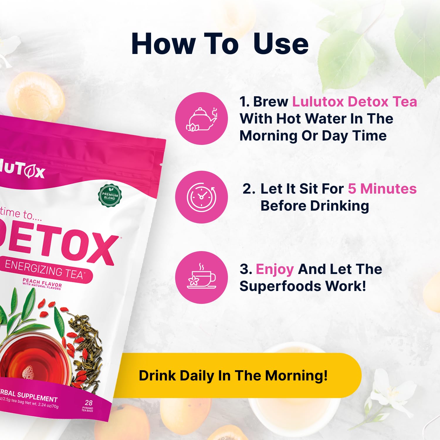 LULUTOX iced peach tea in glass offering refreshing hydration