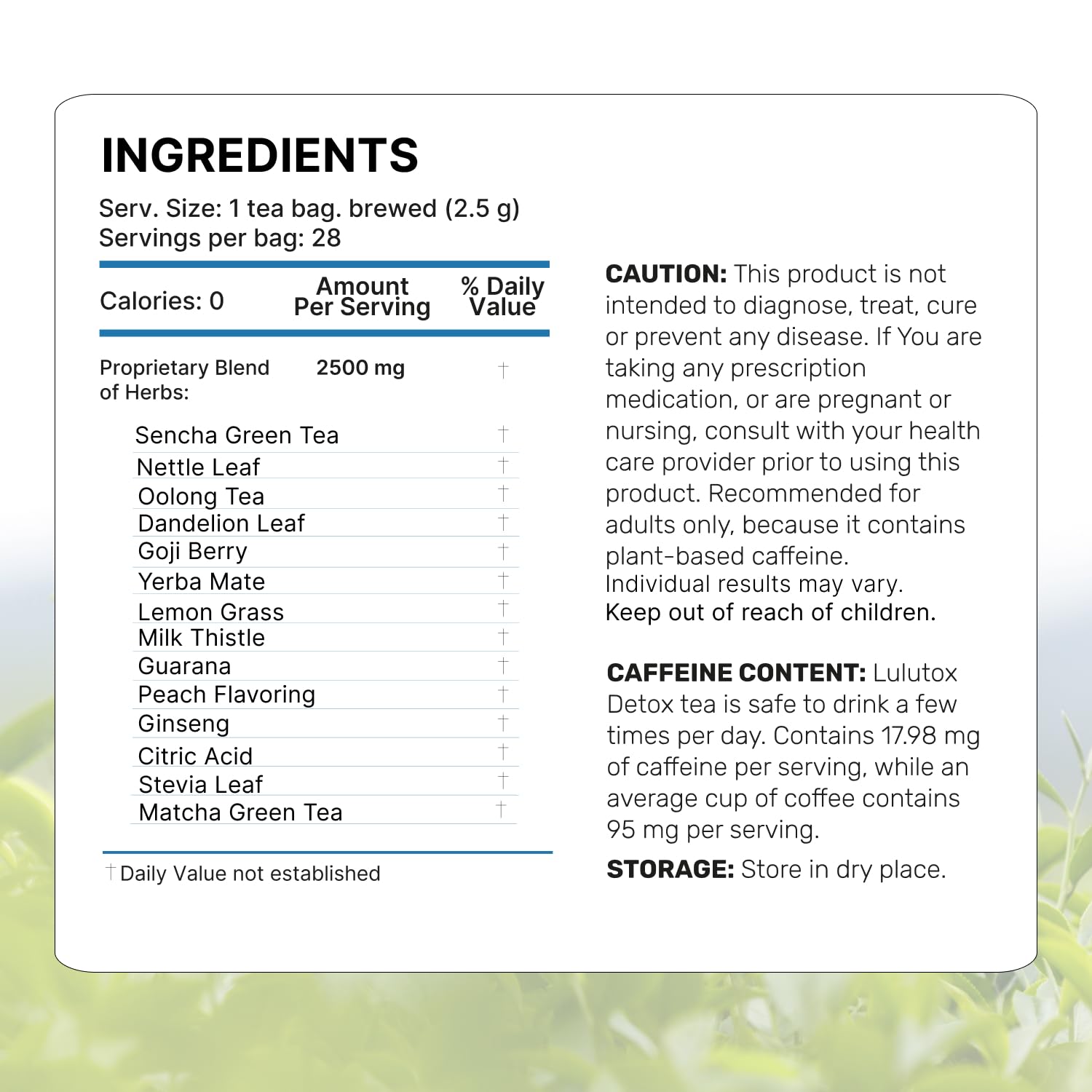 LULUTOX label and nutritional panel for clear ingredient transparency