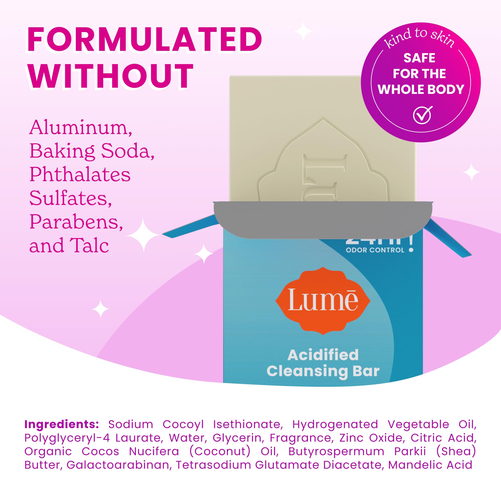 Lume bar lather applied underarm showing targeted odor-control use benefit