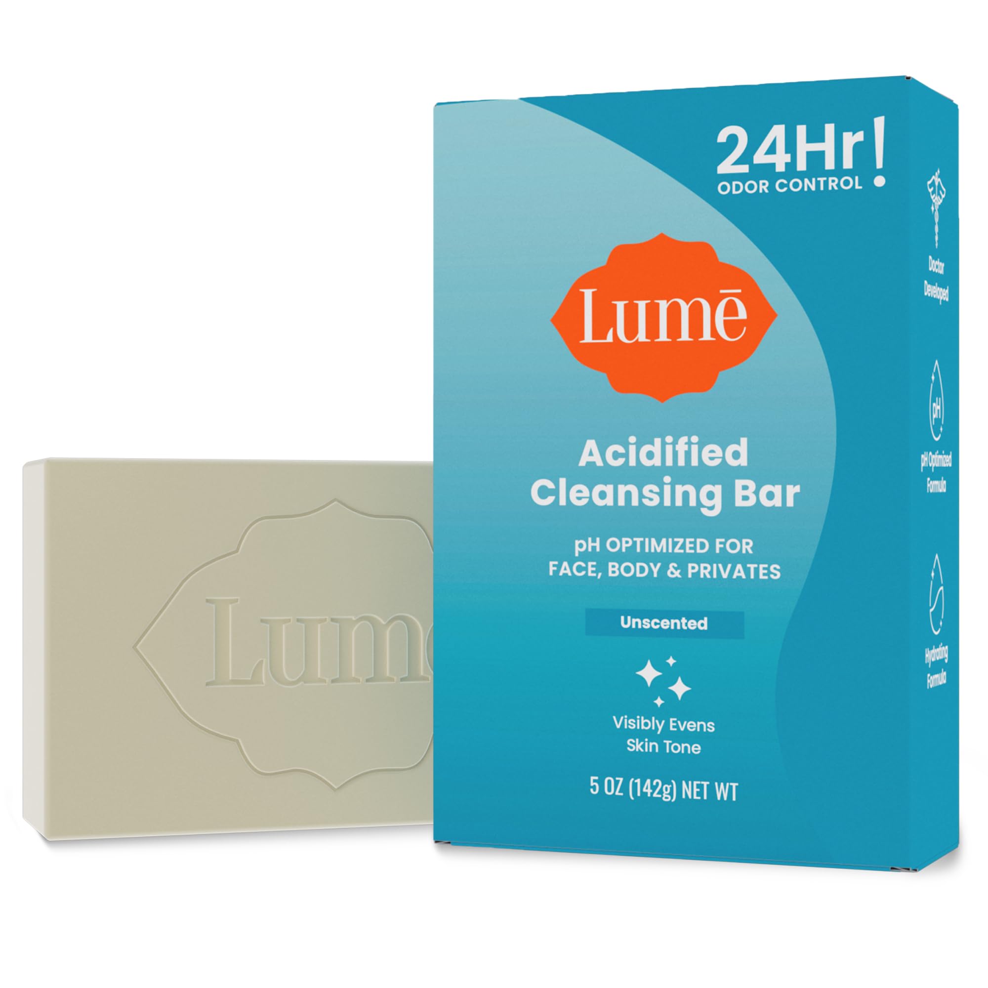 Lume cleansing bar front packaging showing unscented 5 oz benefit: clear odor control