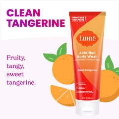 Lume label detail highlighting pH-optimized formula and skin-friendly ingredients