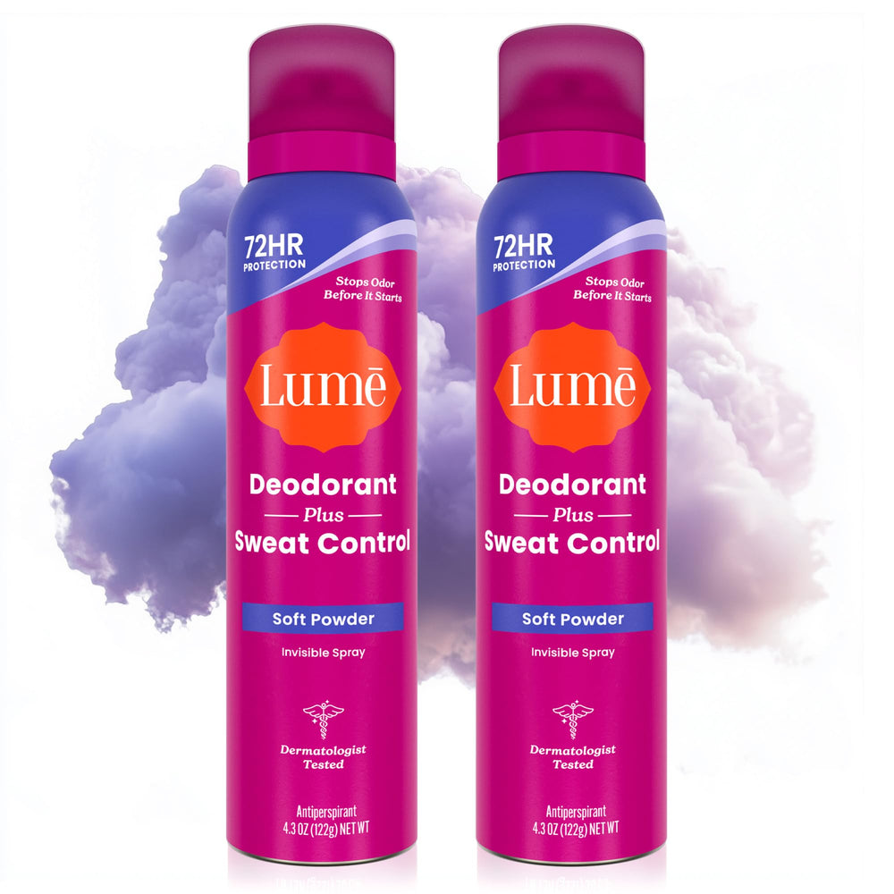 Lume front packaging showing Soft Powder scent and 2-pack benefit