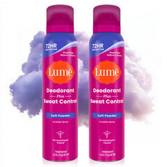 Lume front packaging showing Soft Powder scent and 2-pack benefit