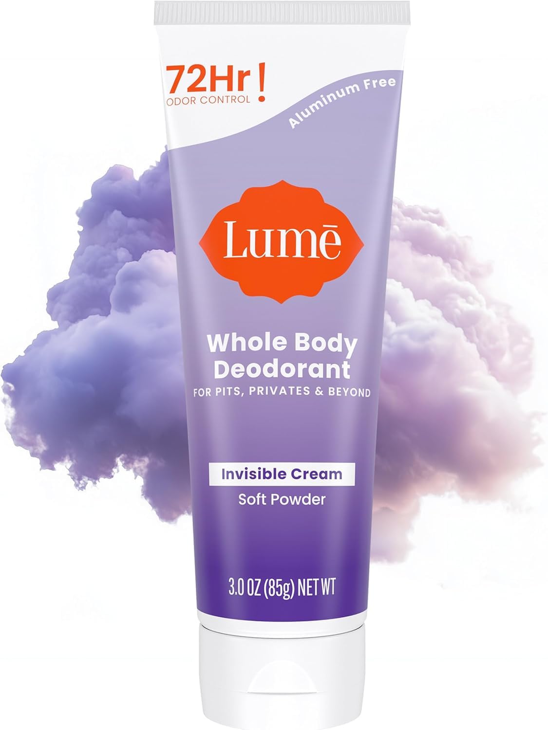 Lume soft powder tube front view showing clean packaging and benefit of discreet odor control