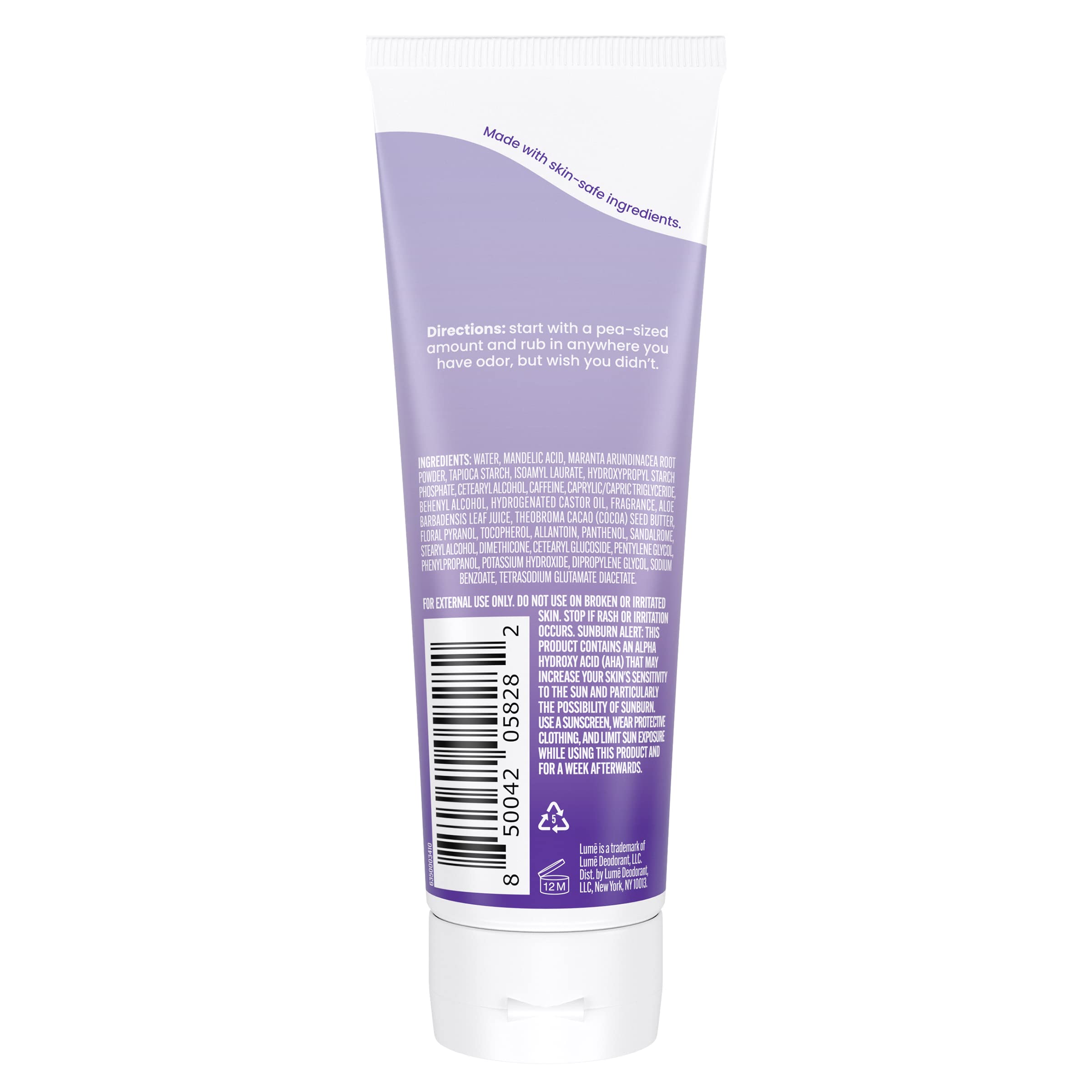 Lume tube with cap off revealing cream dispensing for precise, no-waste application