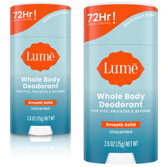Lume front packaging showing unscented solid stick and two-pack benefit