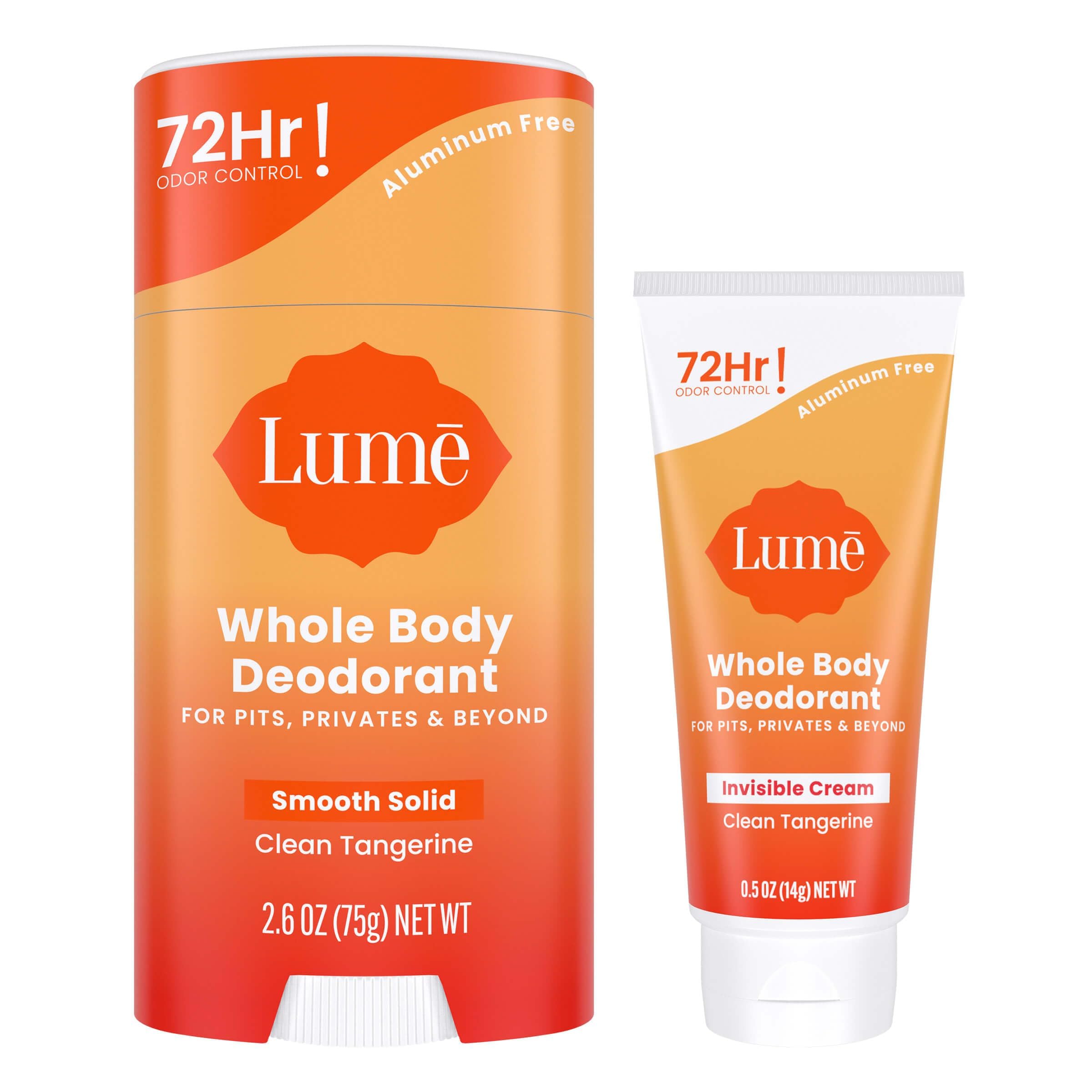 Lume tangerine bundle front packaging showing both stick and cream benefits