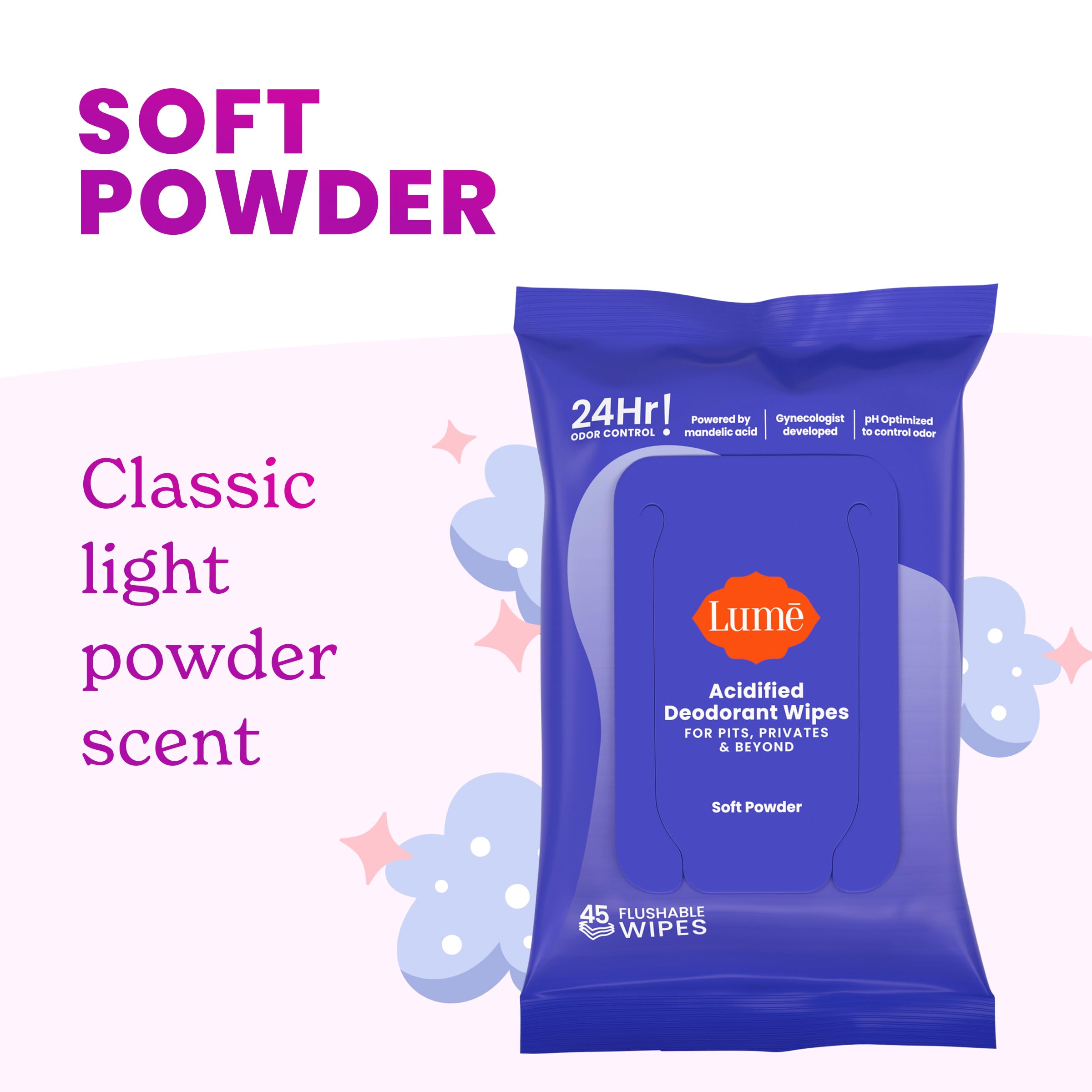 Lume wipe being applied underarm for fast odor control