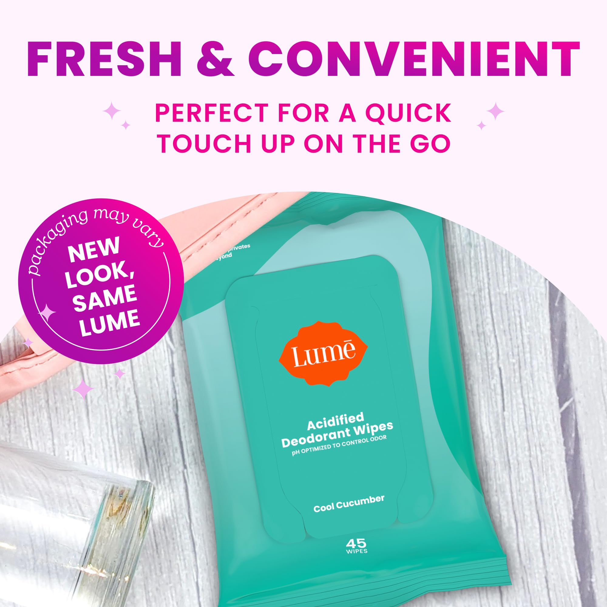 Lume wipe tucked into travel bag for on-the-go freshness