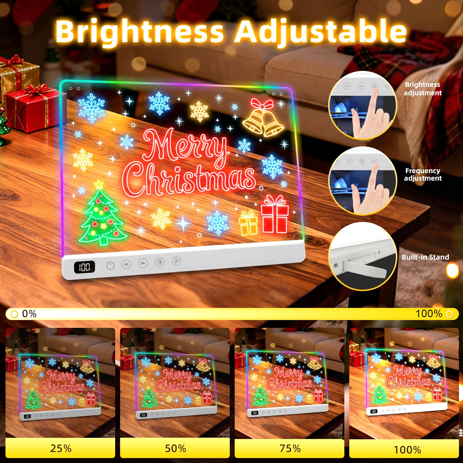 Lumiboard glowing on a nightstand showing mood lighting and display benefit