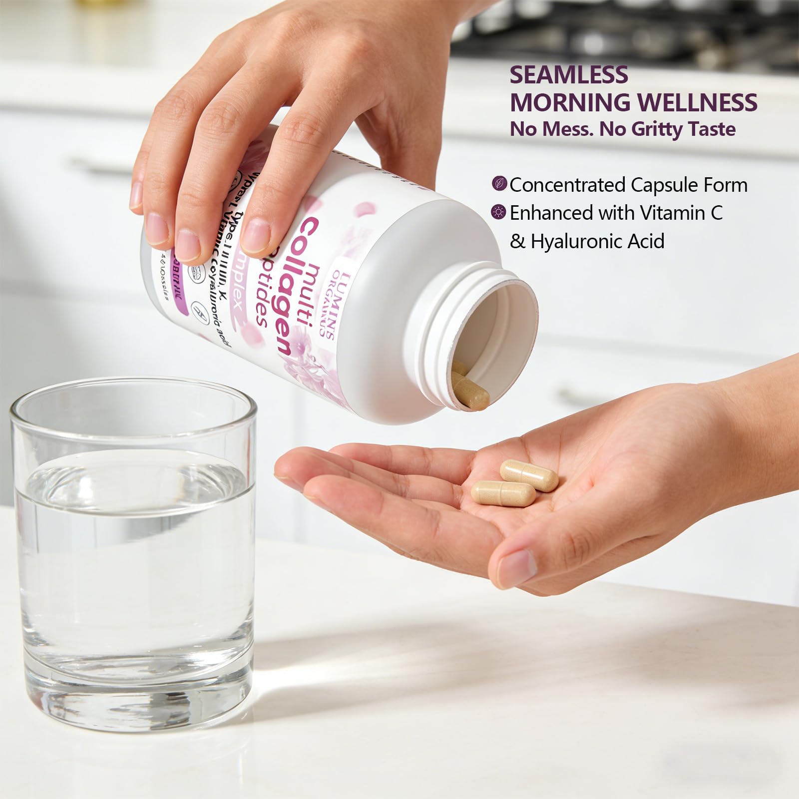 Lumine Organics capsule close-up texture highlighting easy absorption