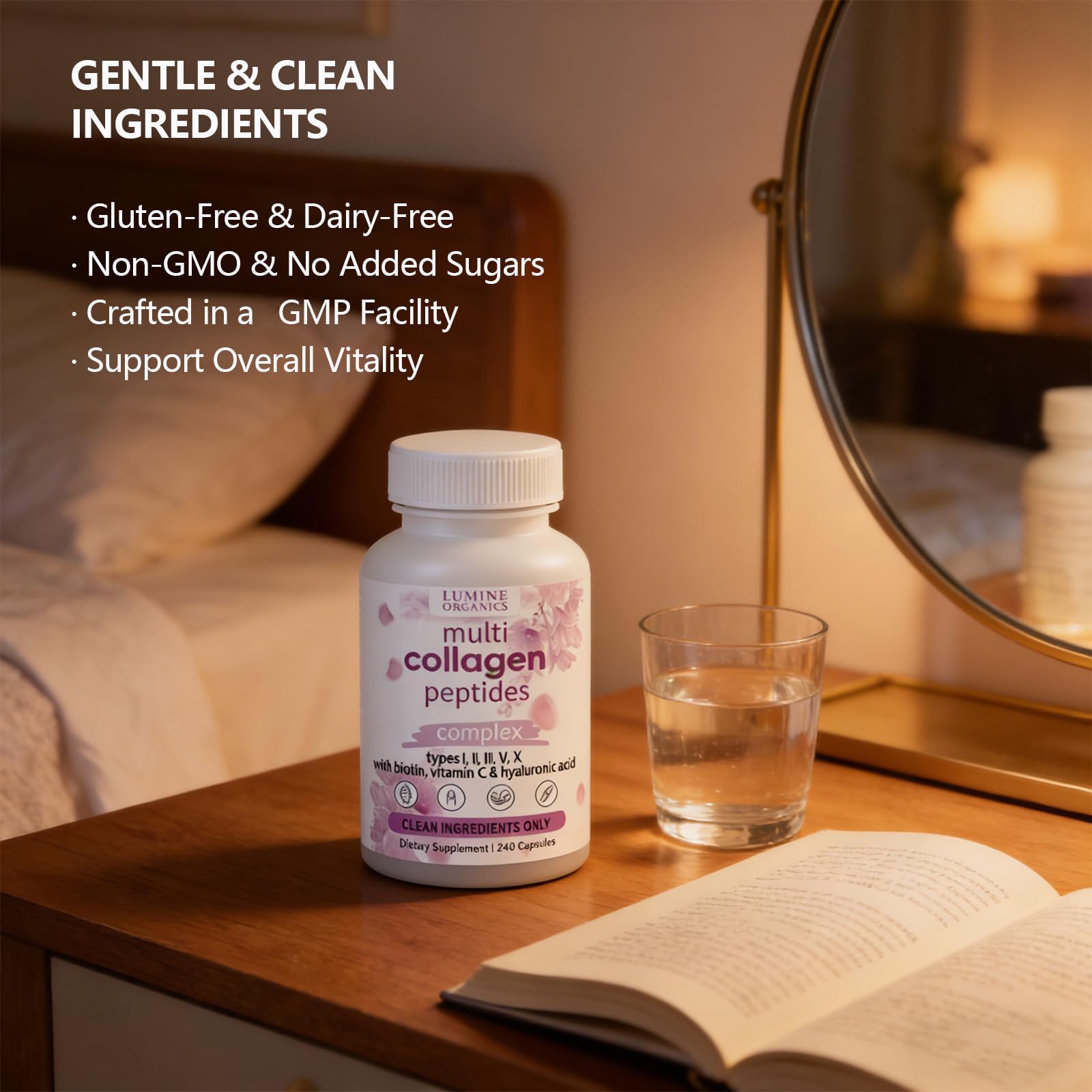 Lumine Organics bottle beside common objects showing size and value