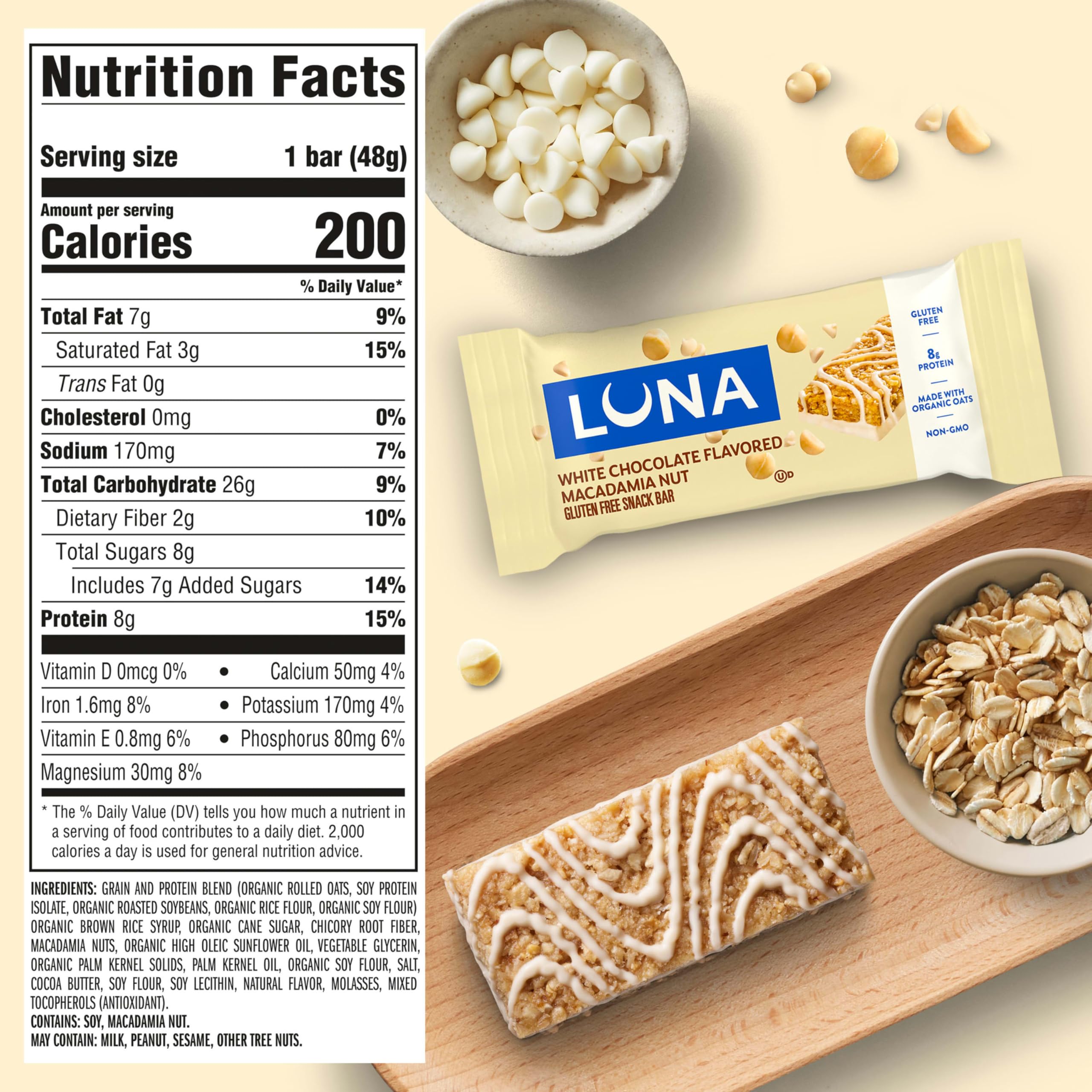 Unwrapped Luna Bar white chocolate macadamia with creamy coating for tasty energy