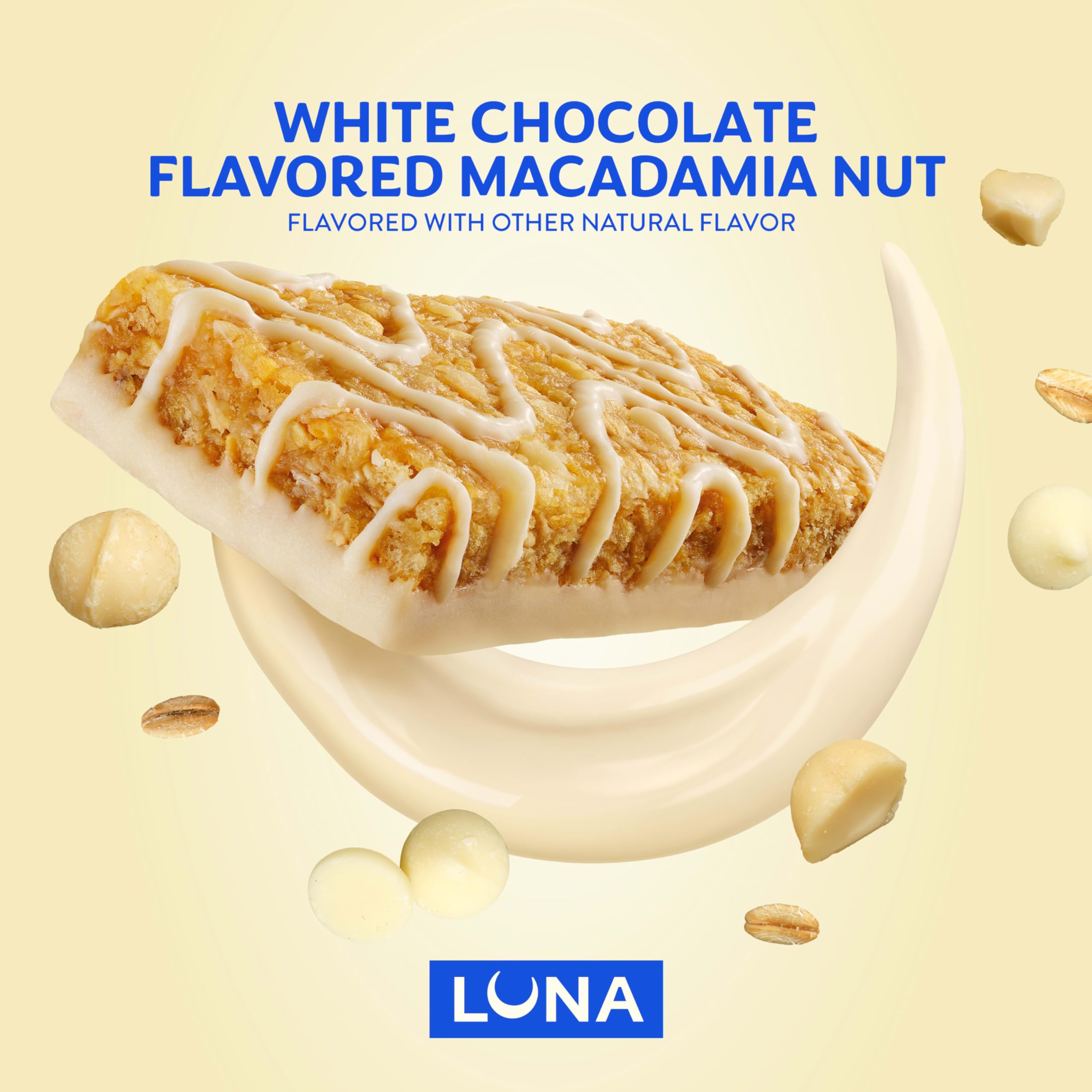 Organic rolled oats and macadamia nuts beside Luna Bar reflecting wholesome ingredients