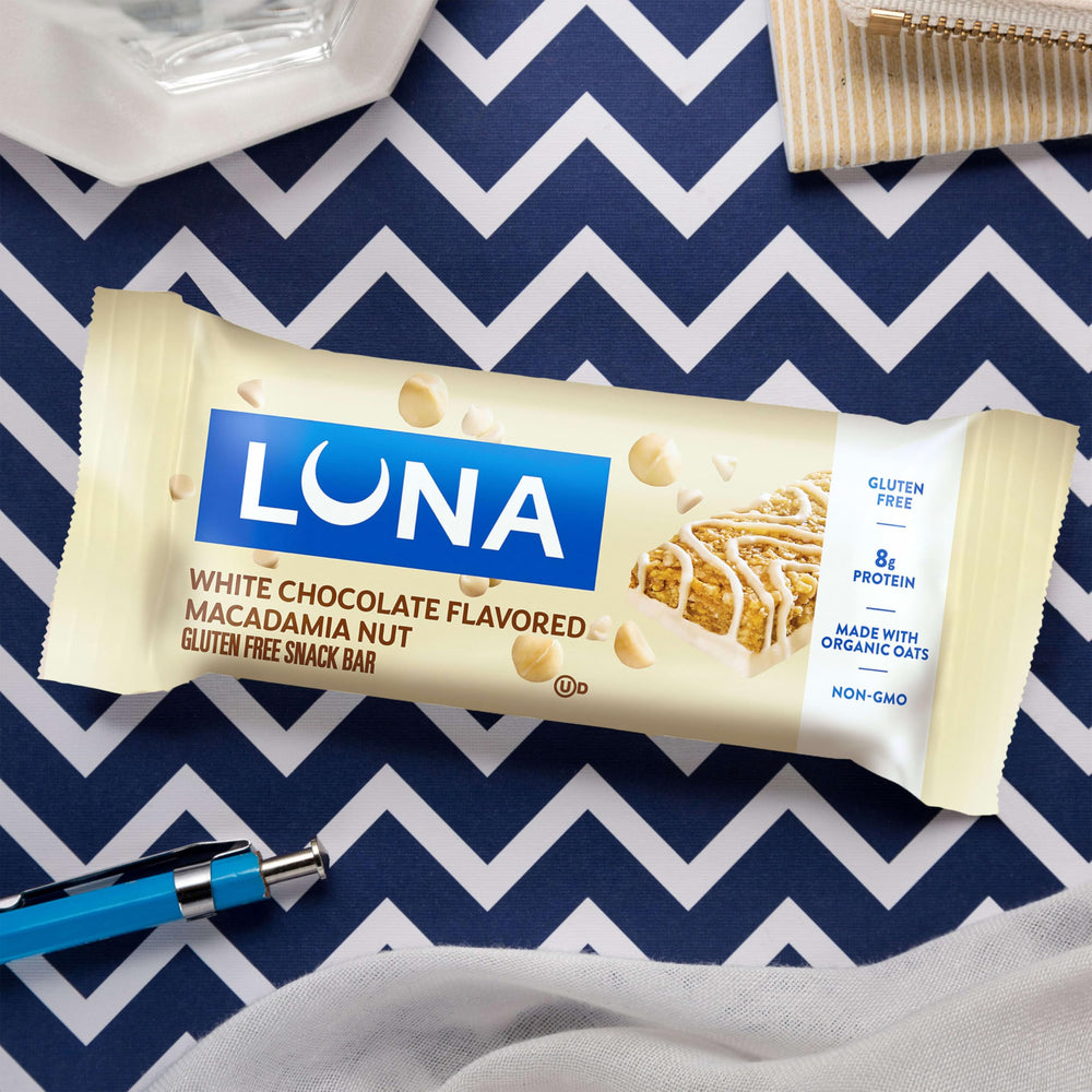 Nutrition label close-up on Luna Bar packaging showing protein and ingredient details