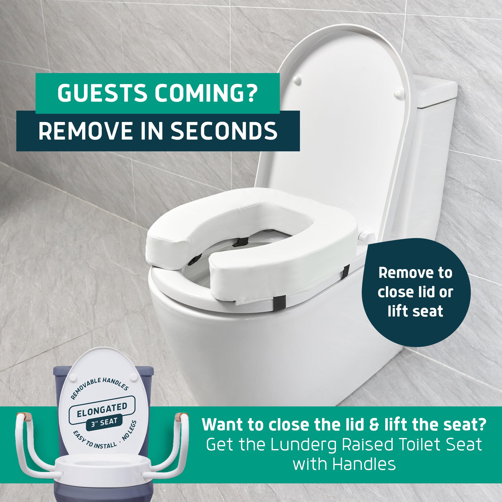 Lunderg riser beside a standard toilet to compare original and raised heights