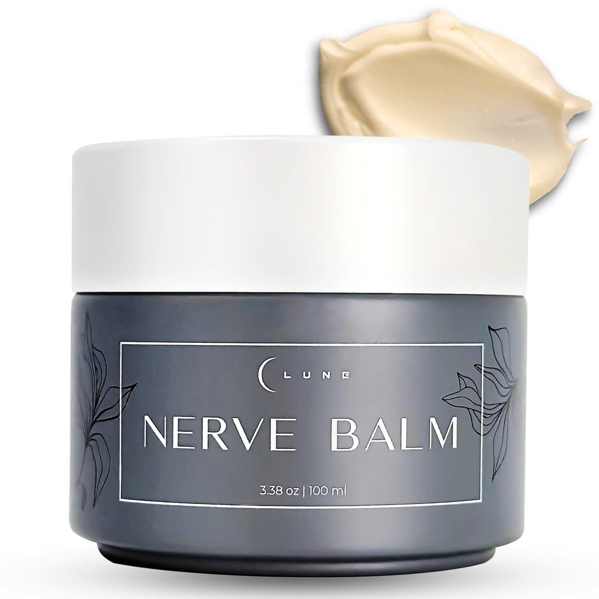 Lune nerve balm front packaging showing 3.4 oz tube and benefits