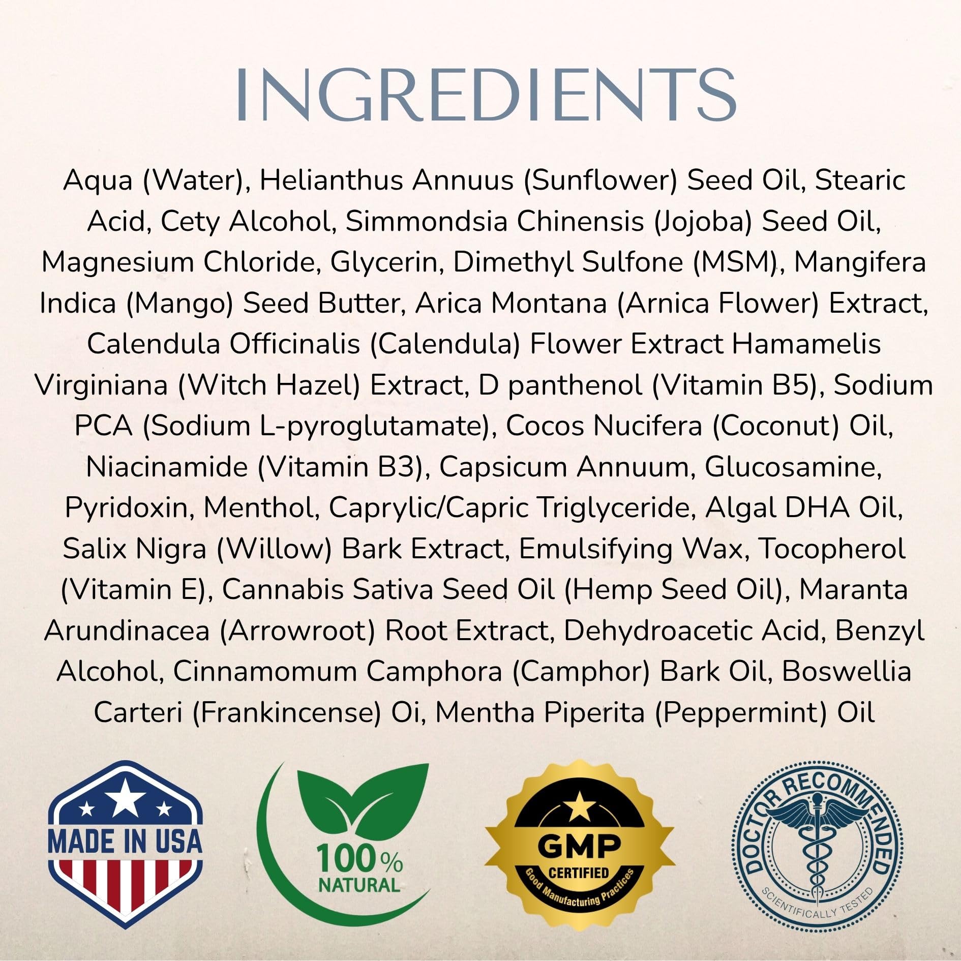 Lune nerve balm label ingredients detail showing arnica hemp and magnesium benefits