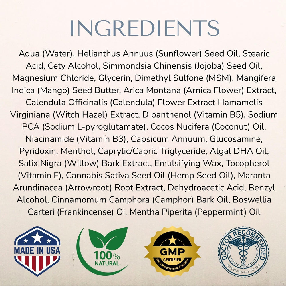 Lune nerve balm label ingredients detail showing arnica hemp and magnesium benefits