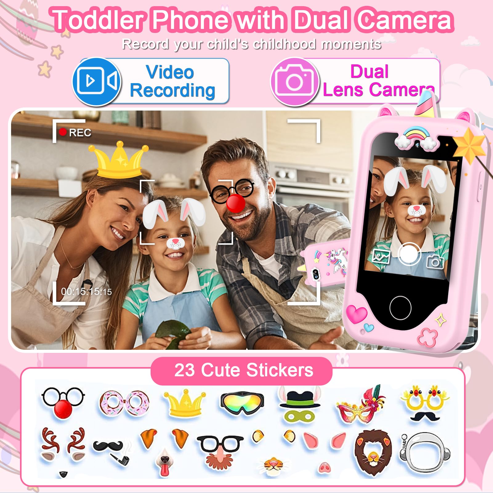 Luoba dual cameras detail showing front and rear lenses for photos and videos