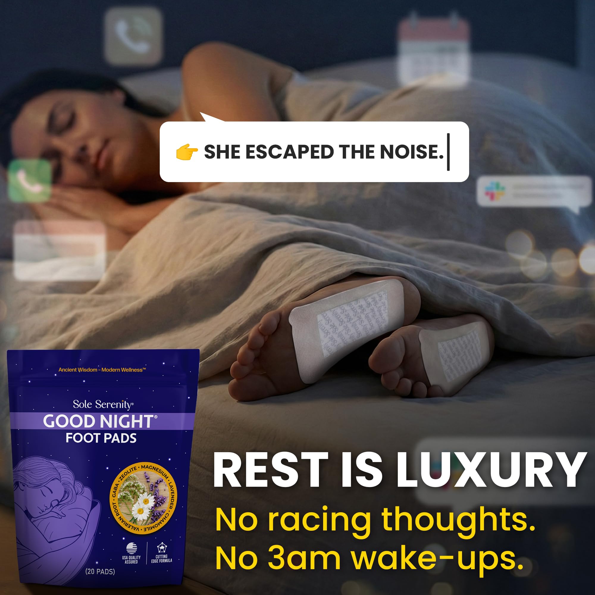 Lure Essentials pad applied to foot in bed promoting simple use
