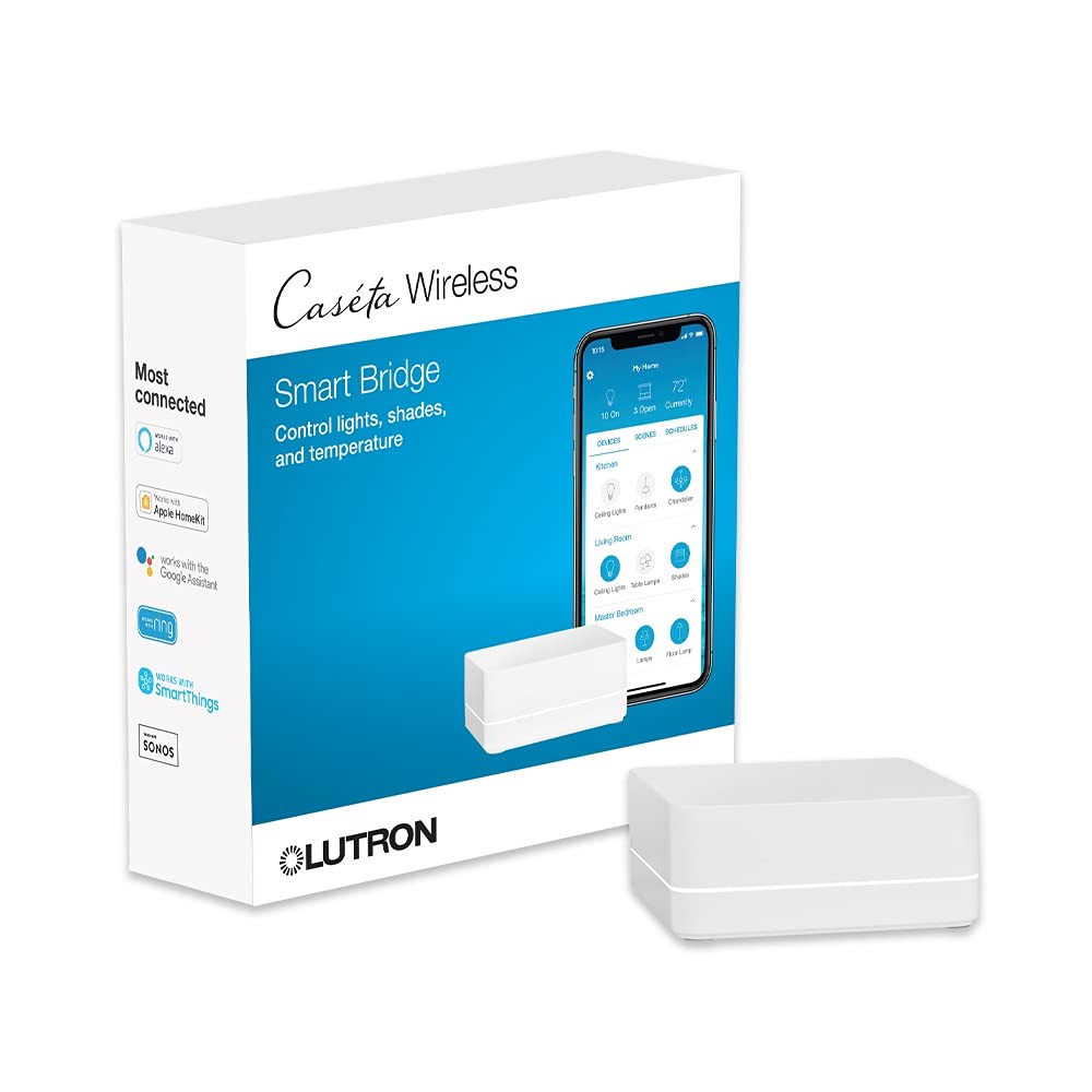 Lutron Caséta hub front view showing compact design and indicator light for quick installation benefit