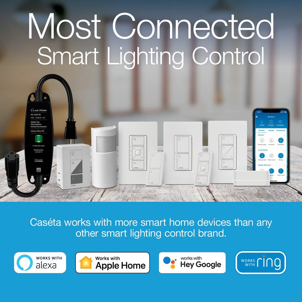 Lutron Caséta hub held in hand for size comparison indicating compact plug-and-play convenience