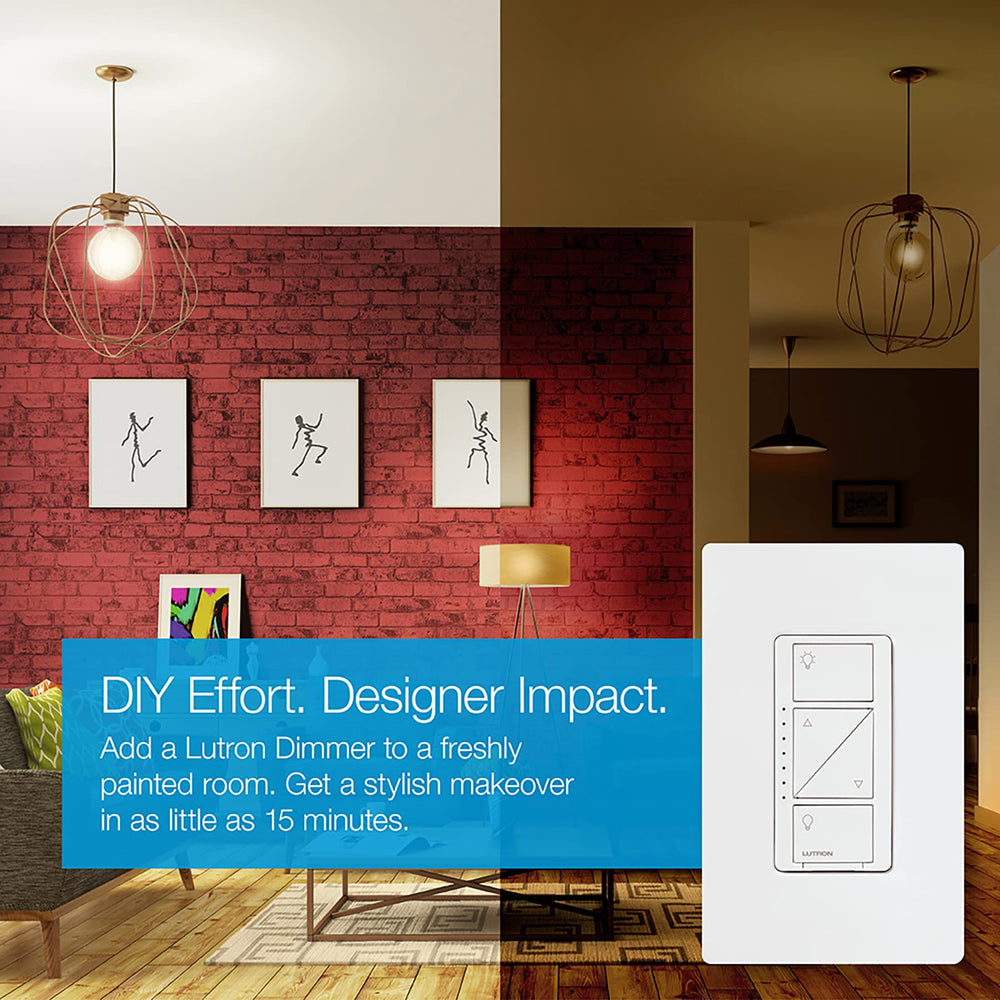 Lutron Caseta beside standard wall plate demonstrating compact size and easy replacement