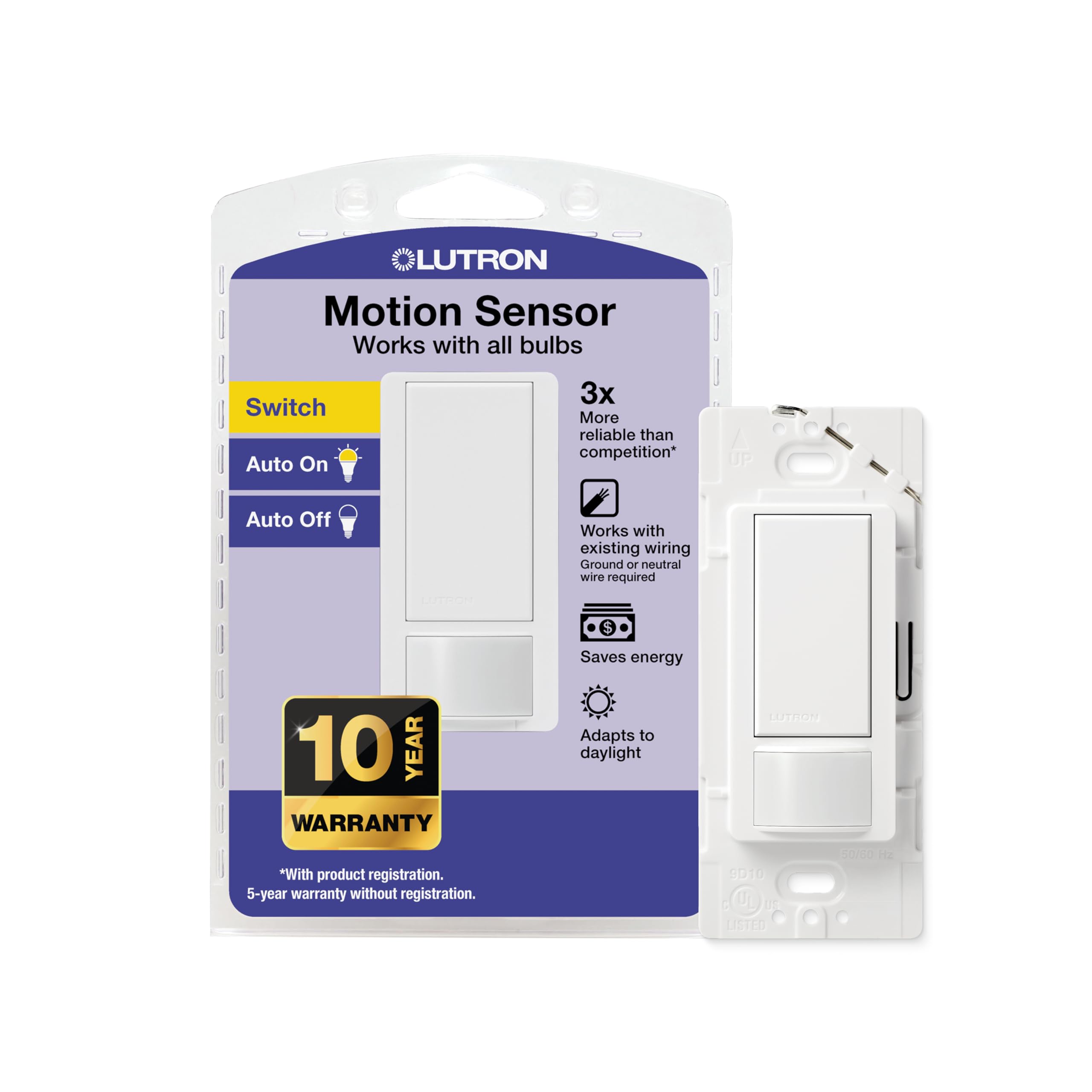 Lutron Maestro front view showing sensor face and rocker switch, enhances hands-free convenience