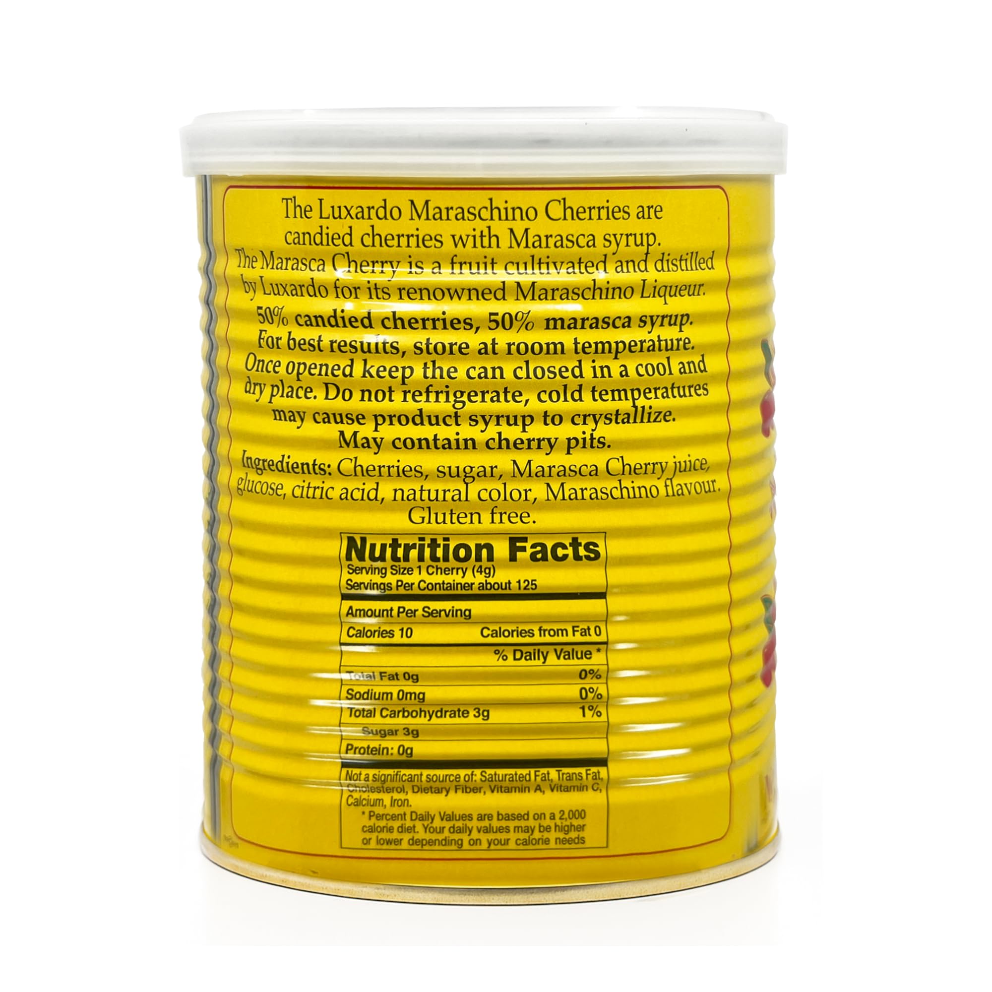 luxardo open can with whole cherries visible and syrup for immediate use