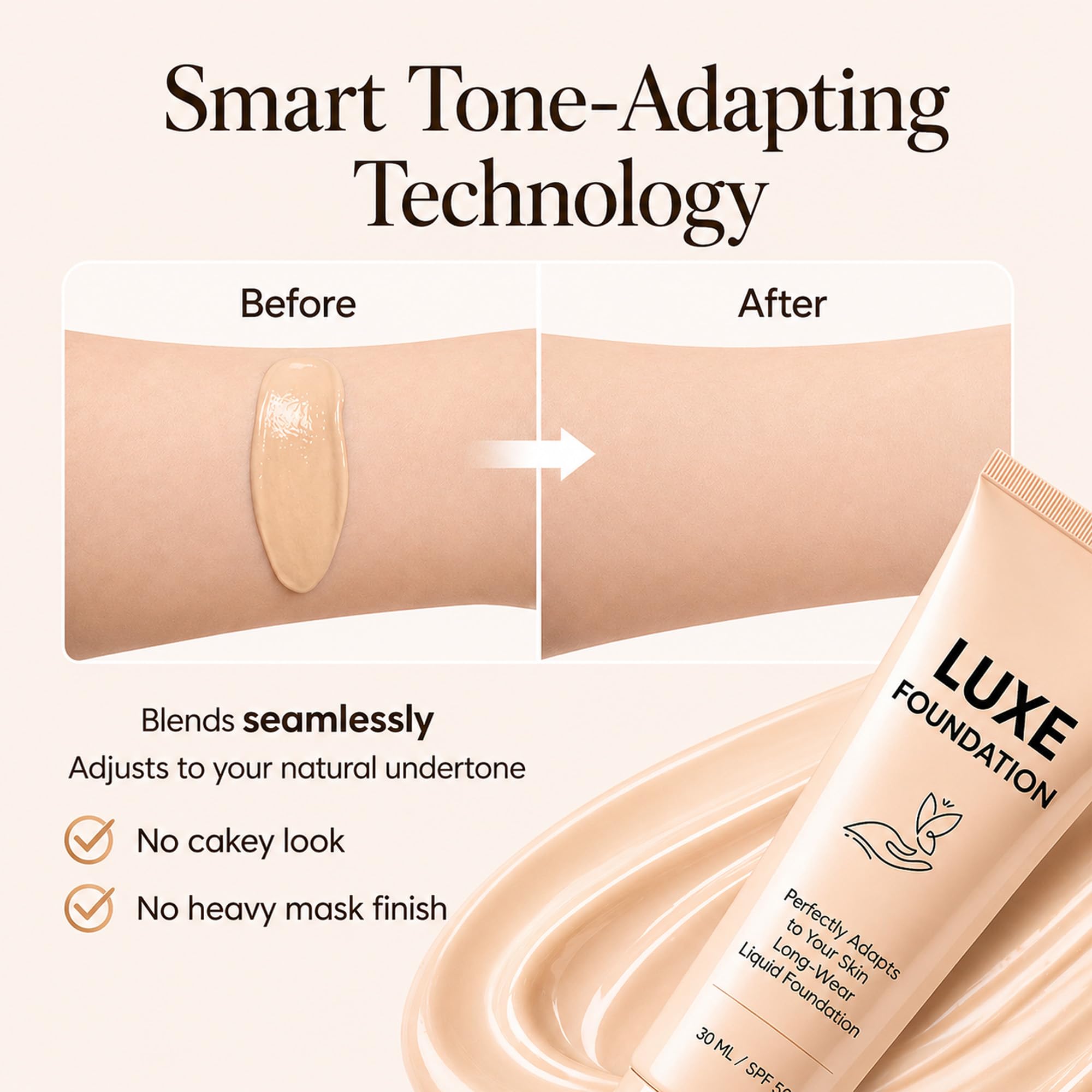 LUXE FOUNDATION blended on skin comparison showing natural, matte concealment benefit