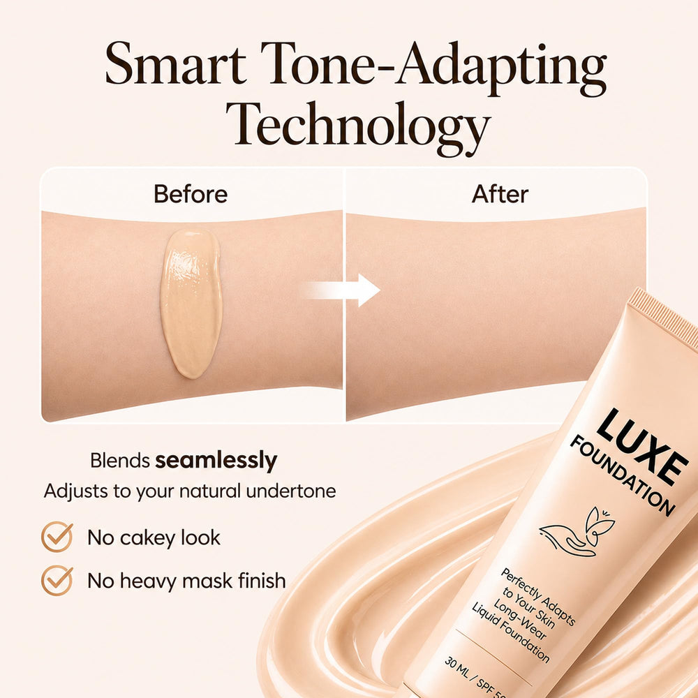 LUXE FOUNDATION blended on skin comparison showing natural, matte concealment benefit