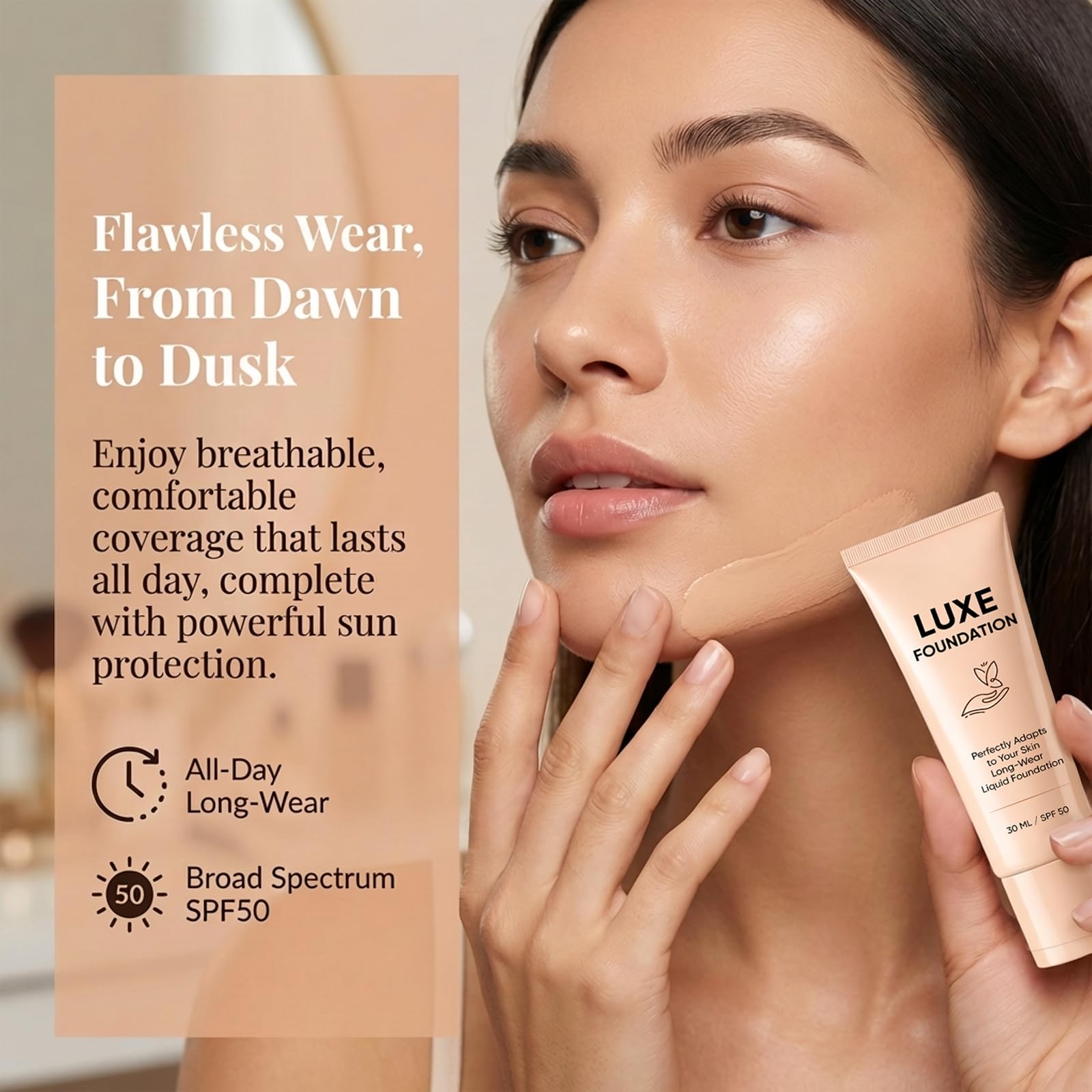 LUXE FOUNDATION label close-up highlighting hyaluronic acid and vitamin E benefits