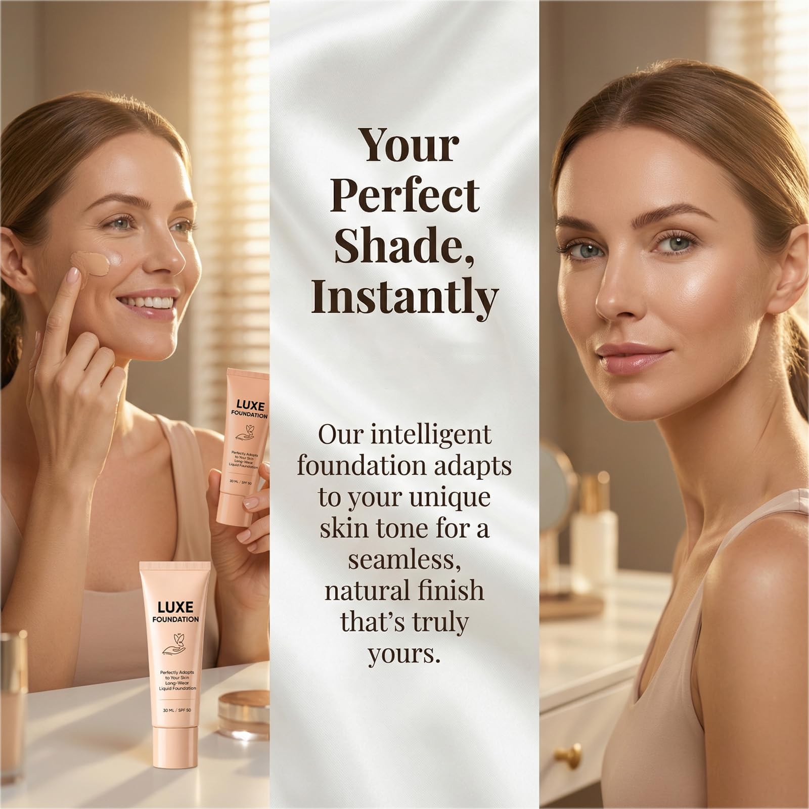 LUXE FOUNDATION sunscreen visual emphasizing SPF50 daily sun protection benefit