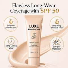 LUXE FOUNDATION texture close-up revealing microcapsules and smooth blendability