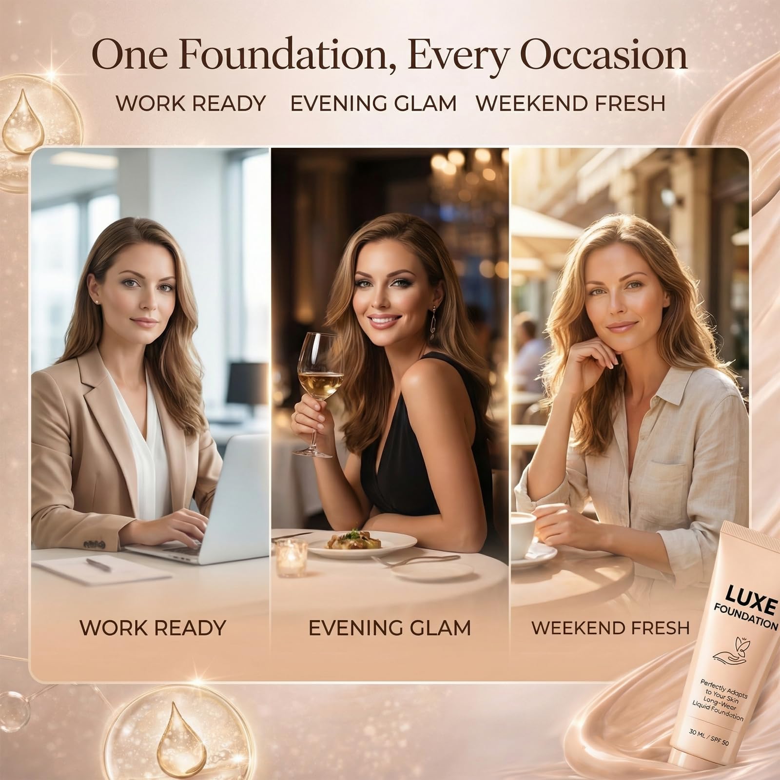 LUXE FOUNDATION travel-sized bottle in a bag showing portability benefit